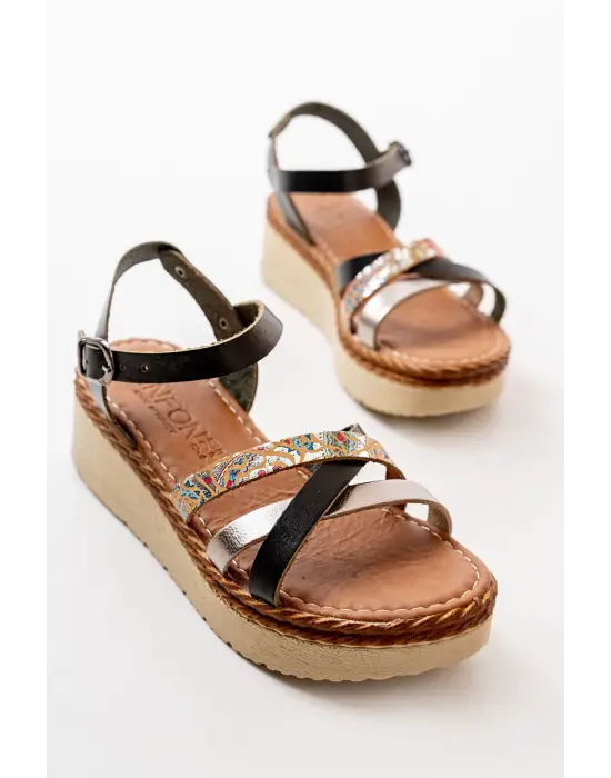 Siyah Multi Ortopedik Hakiki Deri Dolgu Kadın Sandalet