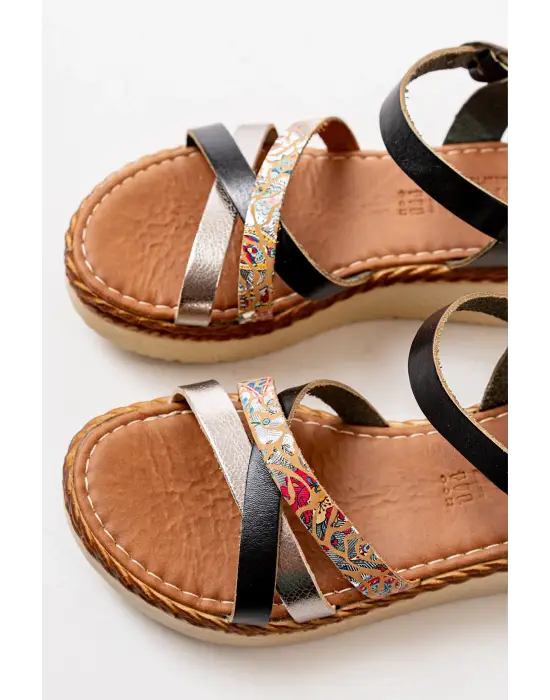 Siyah Multi Ortopedik Hakiki Deri Dolgu Kadın Sandalet