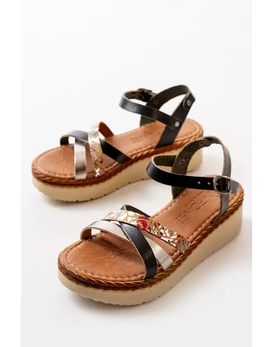 Siyah Multi Ortopedik Hakiki Deri Dolgu Kadın Sandalet