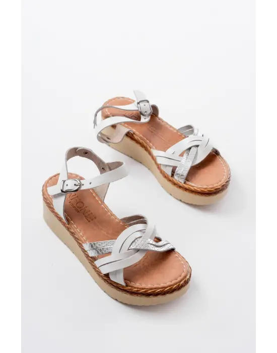 730-037 Beyaz Ayna Hakiki Deri Ortopedik Taban Kadın Sandalet