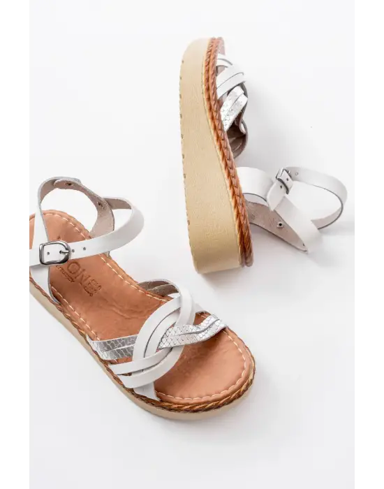 730-037 Beyaz Ayna Hakiki Deri Ortopedik Taban Kadın Sandalet