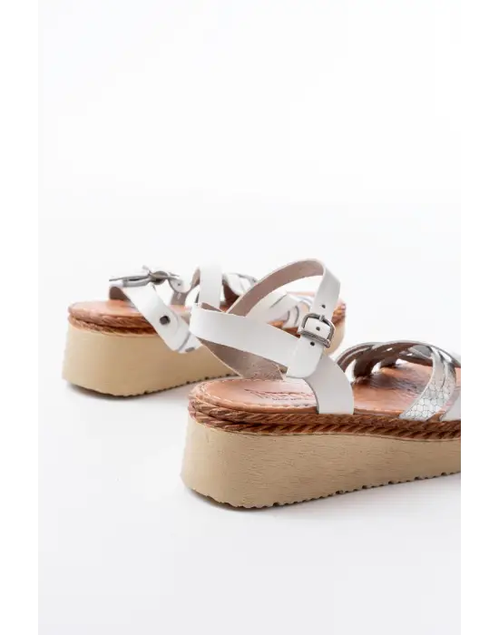 730-037 Beyaz Ayna Hakiki Deri Ortopedik Taban Kadın Sandalet