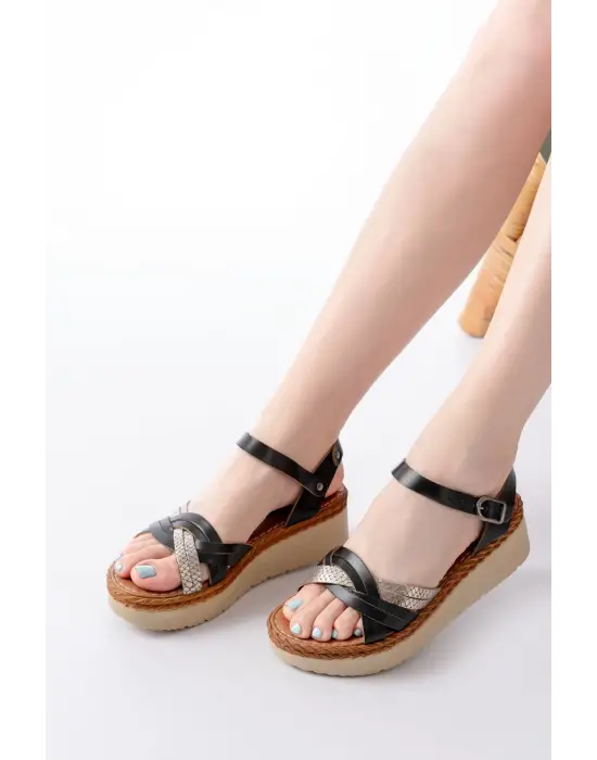 730-037 Siyah Ayna Hakiki Deri Ortopedik Taban Kadın Sandalet