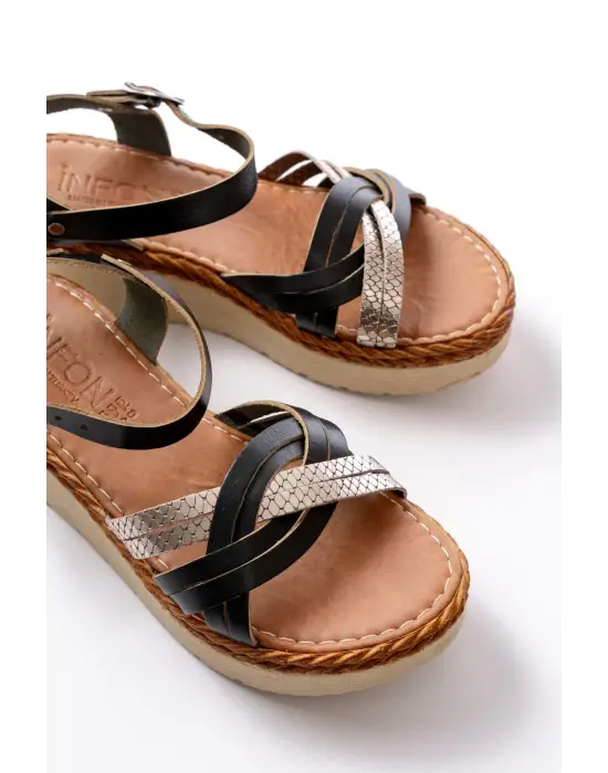 730-037 Siyah Ayna Hakiki Deri Ortopedik Taban Kadın Sandalet