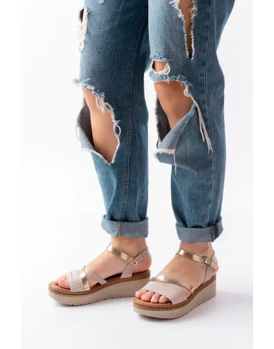 730-044 Bej Garni Ortopedik Örgü Desenli Hakiki Deri Dolgu Kadın Sandalet