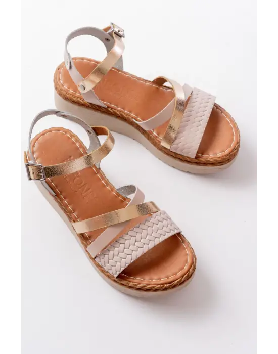 730-044 Bej Garni Ortopedik Örgü Desenli Hakiki Deri Dolgu Kadın Sandalet