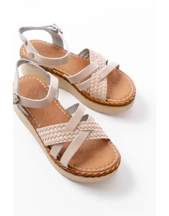 730-138 Bej Örgü  Hakiki Deri Ortopedik Taban Kadın Sandalet