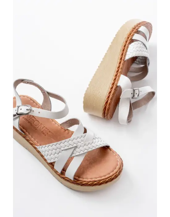 730-138 Beyaz Örgü Hakiki Deri Ortopedik Taban Kadın Sandalet