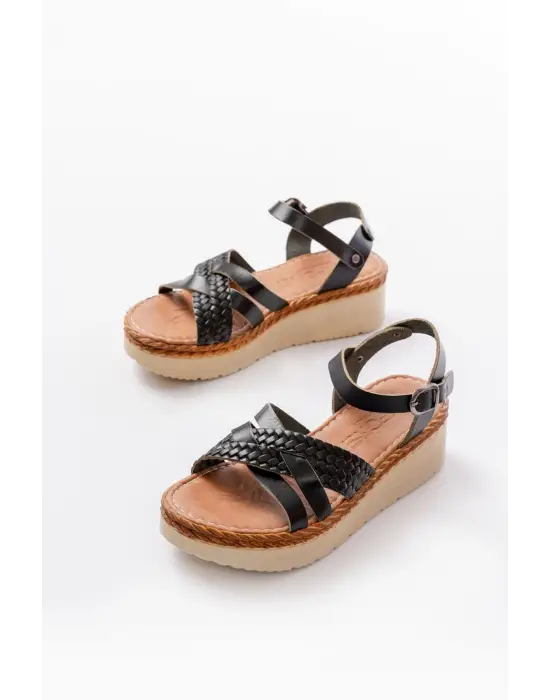 730-138 Siyah Örgü Hakiki Deri Ortopedik Taban Kadın Sandalet
