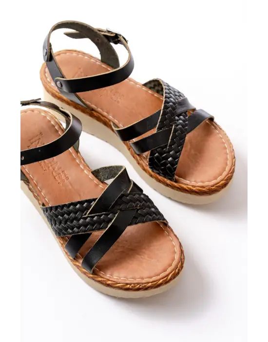 730-138 Siyah Örgü Hakiki Deri Ortopedik Taban Kadın Sandalet