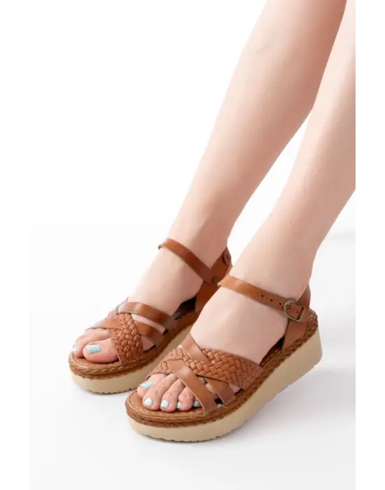 730-138 Taba Örgü Hakiki Deri Ortopedik Taban Kadın Sandalet