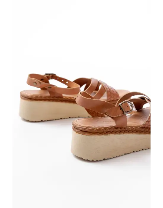 730-138 Taba Örgü Hakiki Deri Ortopedik Taban Kadın Sandalet