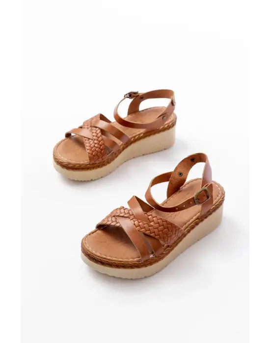 730-138 Taba Örgü Hakiki Deri Ortopedik Taban Kadın Sandalet