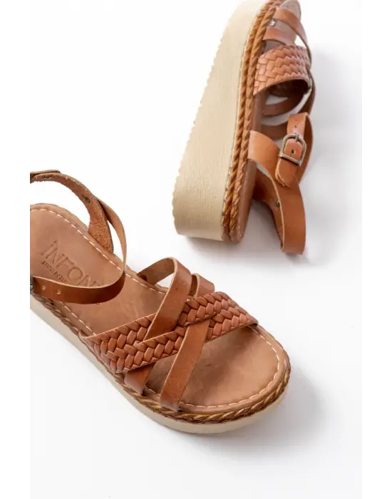 730-138 Taba Örgü Hakiki Deri Ortopedik Taban Kadın Sandalet