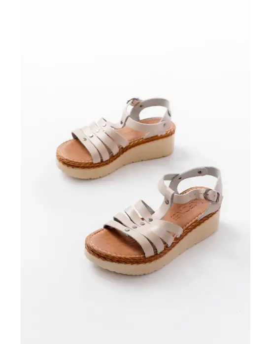 730-142 Bej Hakiki Deri Ortopedik Taban Kadın Sandalet