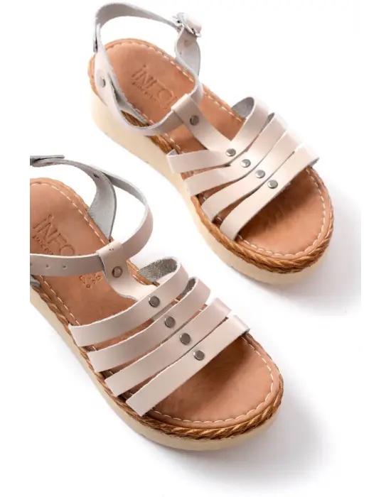 730-142 Bej Hakiki Deri Ortopedik Taban Kadın Sandalet