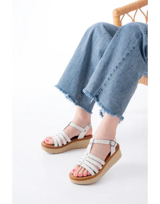 730-142 Beyaz Hakiki Deri Ortopedik Taban Kadın Sandalet