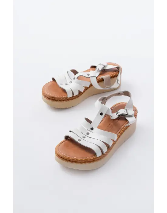730-142 Beyaz Hakiki Deri Ortopedik Taban Kadın Sandalet