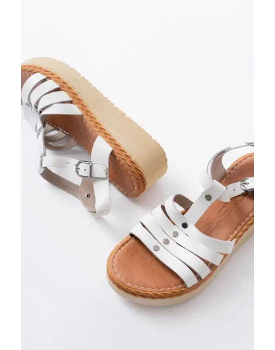730-142 Beyaz Hakiki Deri Ortopedik Taban Kadın Sandalet