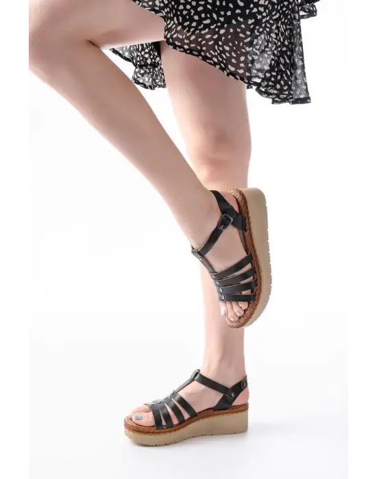 730-142 Siyah Hakiki Deri Ortopedik Taban Kadın Sandalet