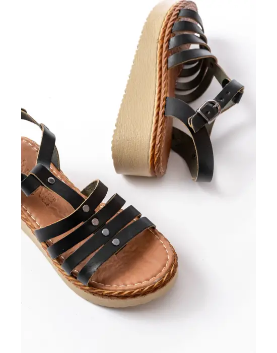 730-142 Siyah Hakiki Deri Ortopedik Taban Kadın Sandalet