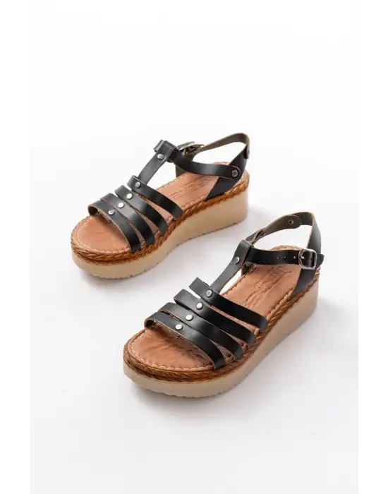 730-142 Siyah Hakiki Deri Ortopedik Taban Kadın Sandalet