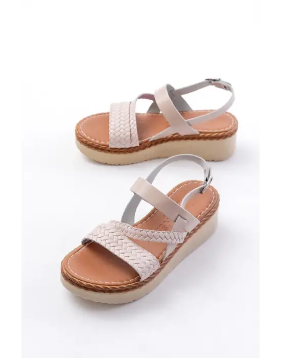 730-152 Bej Örgü Desenli Hakiki Deri Ortopedik Taban Kadın Sandalet
