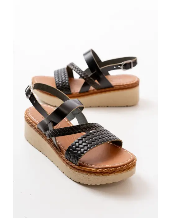 Siyah Ortopedik Hakiki Deri Dolgu Kadın Sandalet