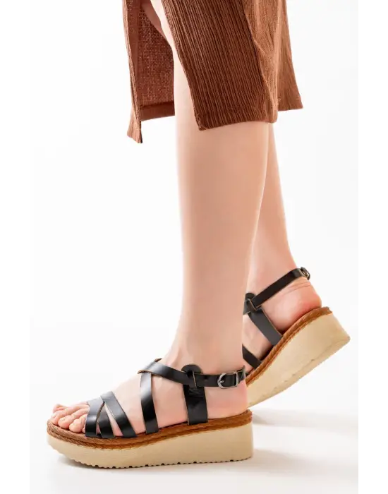 Siyah Ortopedik Hakiki Deri Dolgu Kadın Sandalet