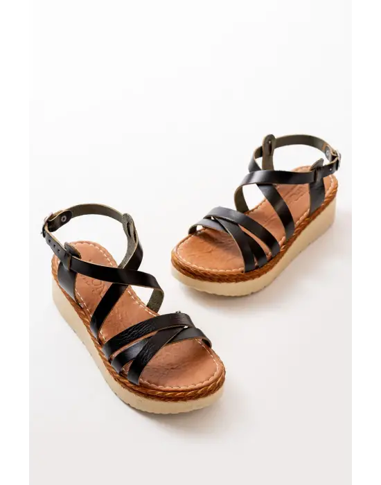 Siyah Ortopedik Hakiki Deri Dolgu Kadın Sandalet