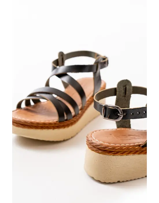 Siyah Ortopedik Hakiki Deri Dolgu Kadın Sandalet