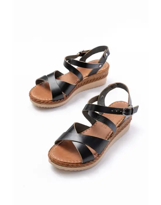 731-045 Siyah Çapraz Hakiki Deri Dolgu Topuklu Günlük Kadın Sandalet