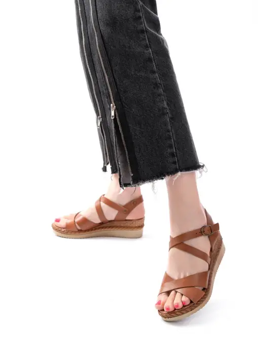 731-045 Taba Çapraz Hakiki Deri Dolgu Topuklu Günlük Kadın Sandalet