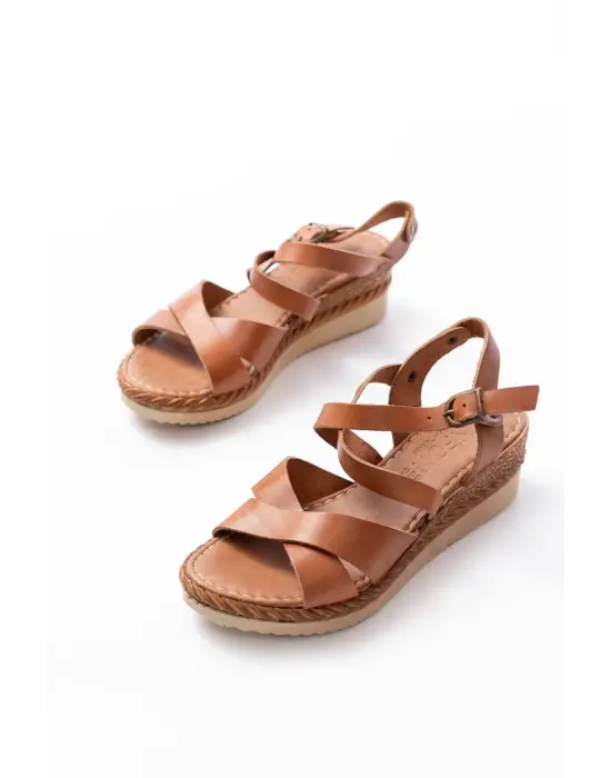 731-045 Taba Çapraz Hakiki Deri Dolgu Topuklu Günlük Kadın Sandalet