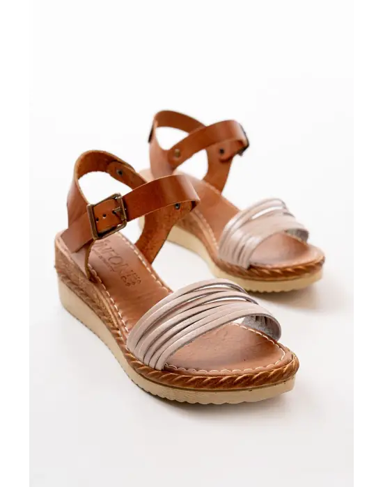 Bej Ortopedik Hakiki Deri Dolgu Kadın Sandalet