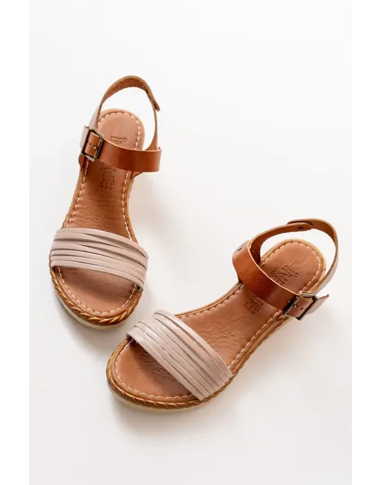 Bej Ortopedik Hakiki Deri Dolgu Kadın Sandalet