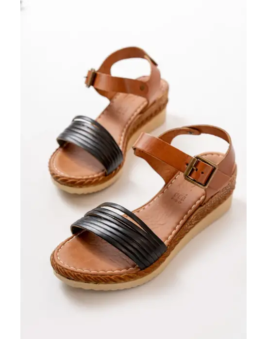 Siyah Ortopedik Hakiki Deri Dolgu Kadın Sandalet