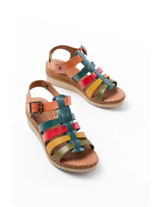 731-204 Multi  Hakiki Deri Dolgu Topuklu Günlük Kadın Sandalet