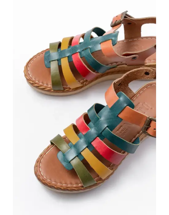 731-204 Multi  Hakiki Deri Dolgu Topuklu Günlük Kadın Sandalet