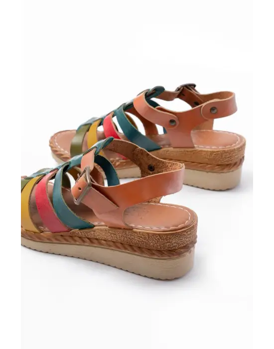 731-204 Multi  Hakiki Deri Dolgu Topuklu Günlük Kadın Sandalet