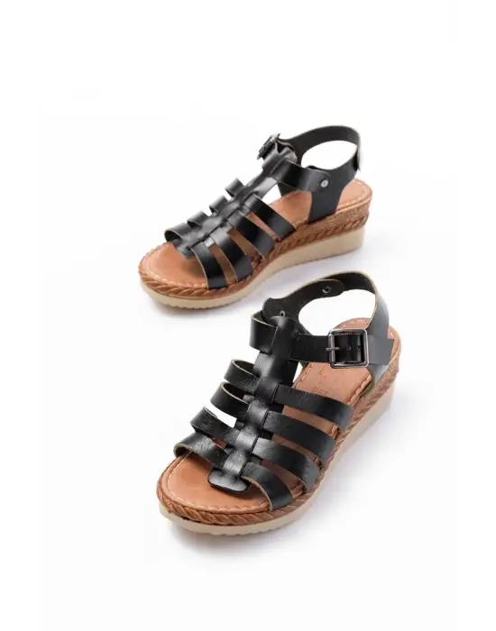 731-204 Siyah Hakiki Deri Dolgu Topuklu Günlük Kadın Sandalet