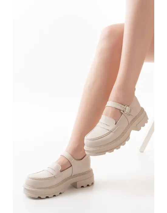 Bej Süet Kadın Günlük Yüksek Tabanlı Loafer Ayakkabı