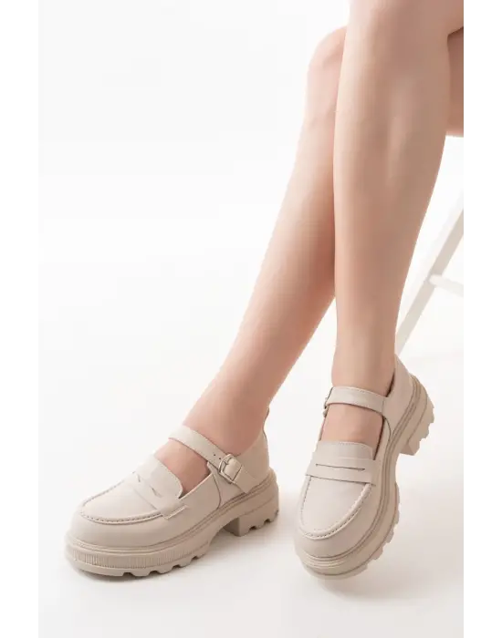 Bej Süet Kadın Günlük Yüksek Tabanlı Loafer Ayakkabı