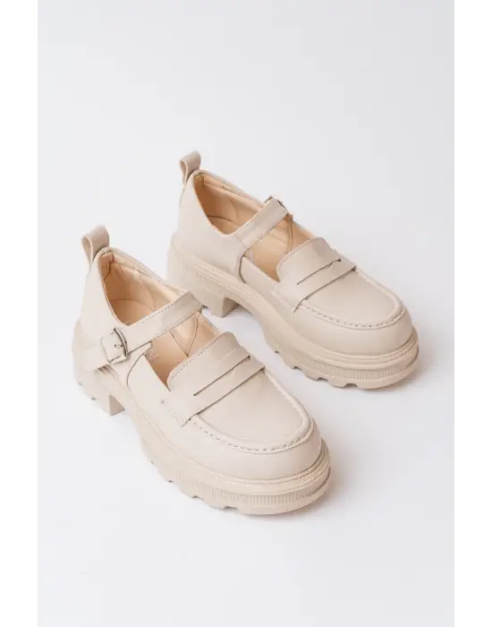 Bej Süet Kadın Günlük Yüksek Tabanlı Loafer Ayakkabı