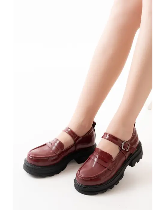 Bordo Rugan Kadın Günlük Yüksek Tabanlı Loafer Ayakkabı
