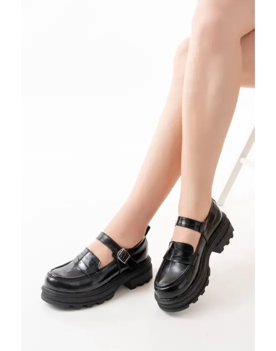 Siyah Rugan Günlük Yüksek Tabanlı Loafer Ayakkabı