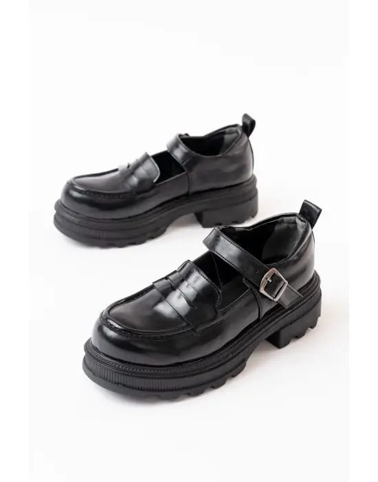 Siyah Rugan Günlük Yüksek Tabanlı Loafer Ayakkabı