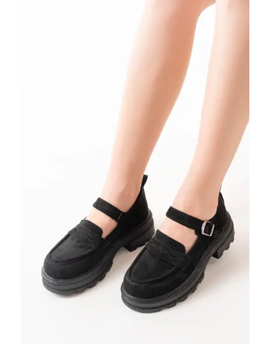 Siyah Süet Kadın Günlük Yüksek Tabanlı Loafer Ayakkabı