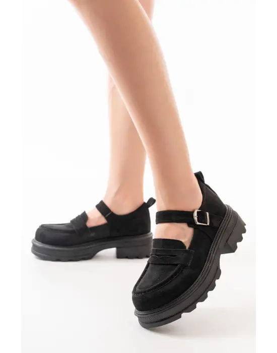 Siyah Süet Kadın Günlük Yüksek Tabanlı Loafer Ayakkabı