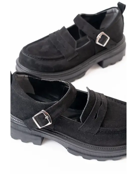 Siyah Süet Kadın Günlük Yüksek Tabanlı Loafer Ayakkabı